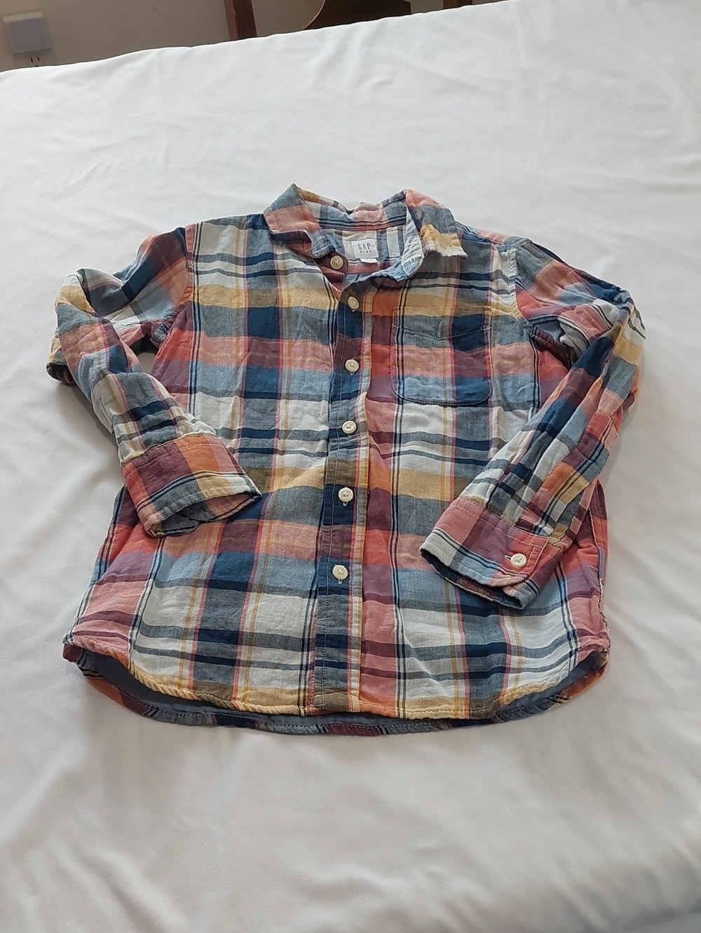 GAP Multicolor Plaid Button-Down Shirt - Blue, Pink, Yellow, Cream.